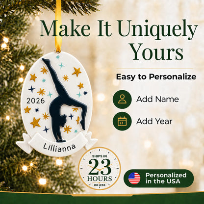 Make it yours: add name and year to the personalized gymnastics superstar christmas ornament