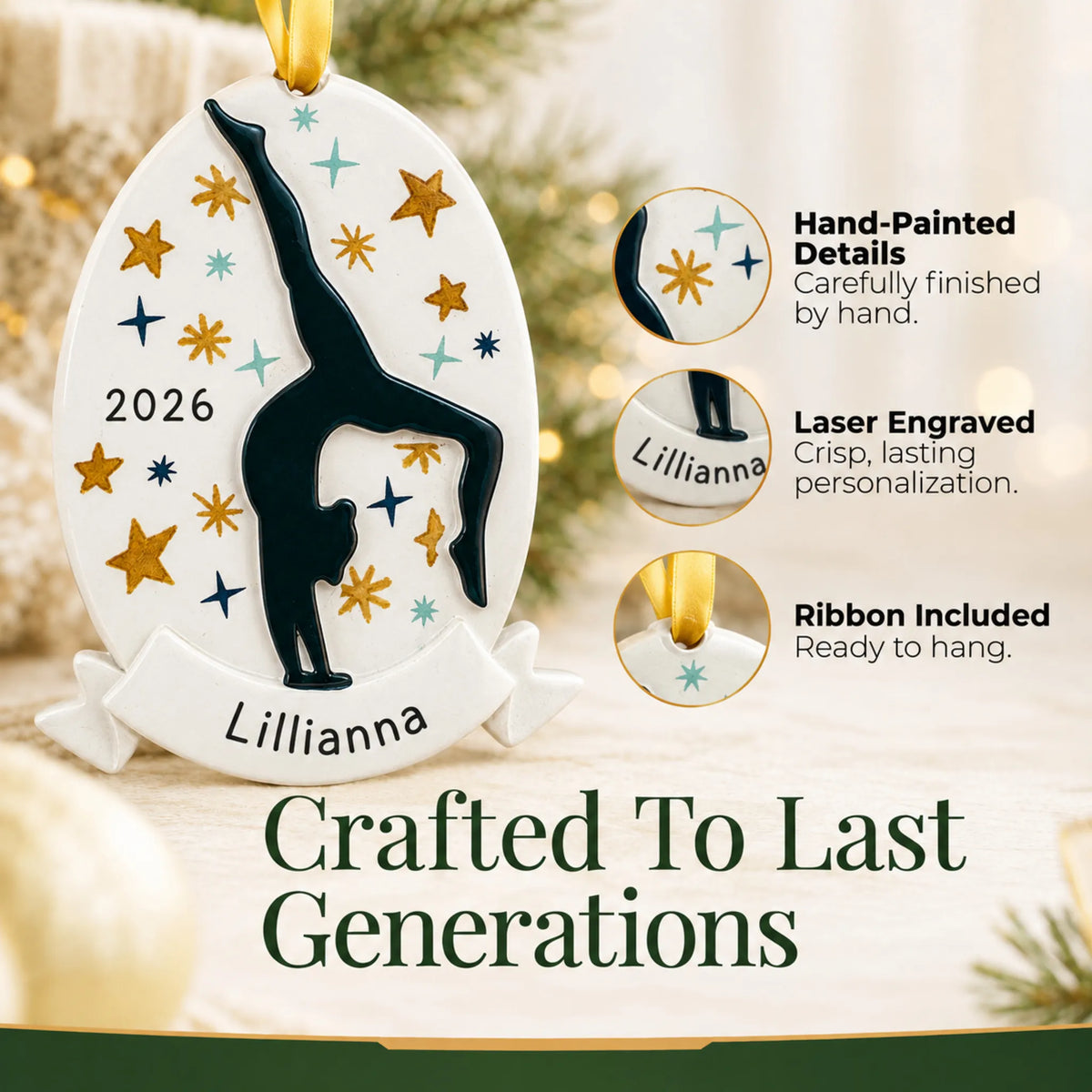 Hand-painted details and laser engraved personalization on the gymnastics superstar christmas ornament, ribbon included