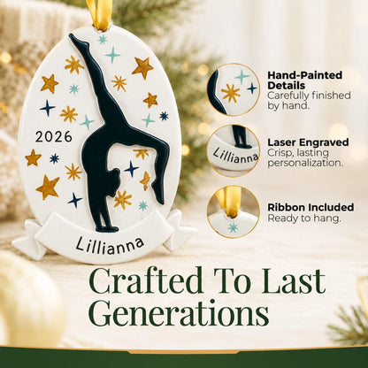 Hand-painted details and laser engraved personalization on the gymnastics superstar christmas ornament, ribbon included