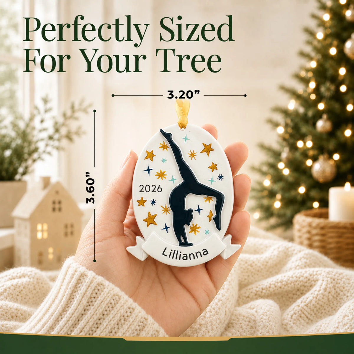 Size guide: the personalized gymnastics superstar christmas ornament is 3.20 in wide by 3.60 in tall, shown in hand