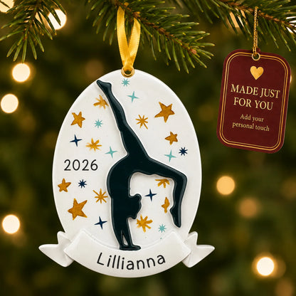 Gymnastics superstar christmas ornament hanging on a lit Christmas tree with a Made Just For You gift tag