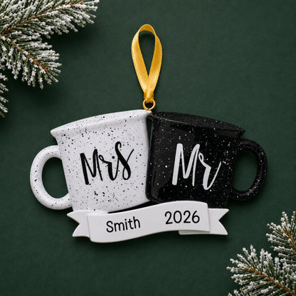 Personalized Mr & Mrs couple mug Christmas ornament with Mrs and Mr coffee mugs with a family name and year
