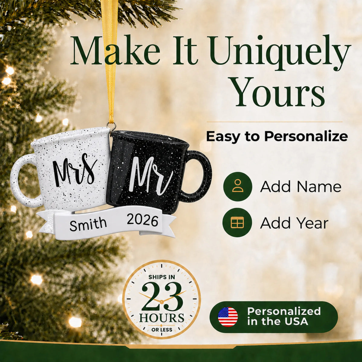 How to personalize the Mr & Mrs couple mug Christmas ornament: add a name and year, ships in 23 hours