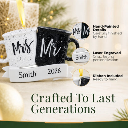 Close-up of the personalized Mr & Mrs couple mug Christmas ornament: hand-painted detail, laser engraving