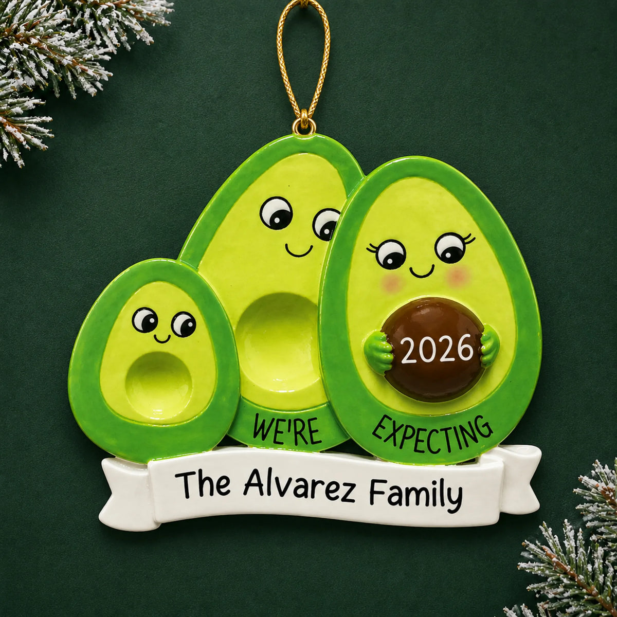 Personalized Avocado Expecting Family of 3 christmas ornament on a dark green pine background