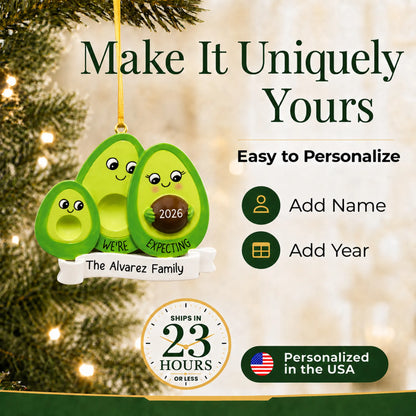 Make it yours: personalize the Avocado Expecting Family of 3 christmas ornament