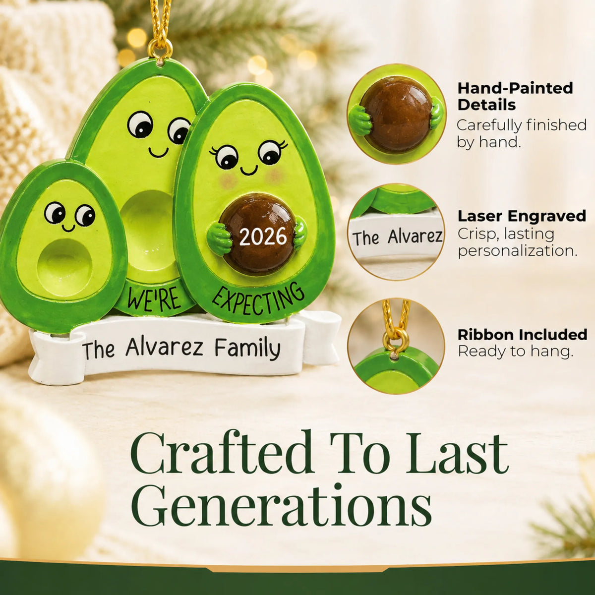 Hand-painted, laser engraved Avocado Expecting Family of 3 christmas ornament, ribbon included