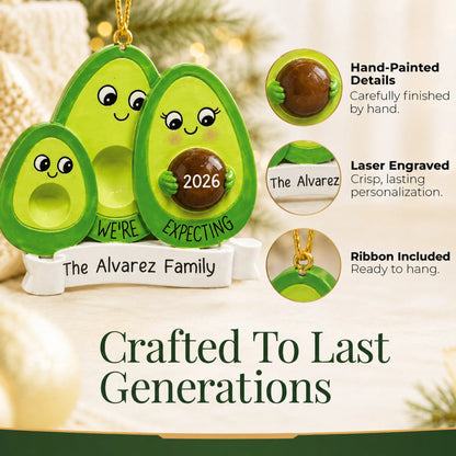 Hand-painted, laser engraved Avocado Expecting Family of 3 christmas ornament, ribbon included