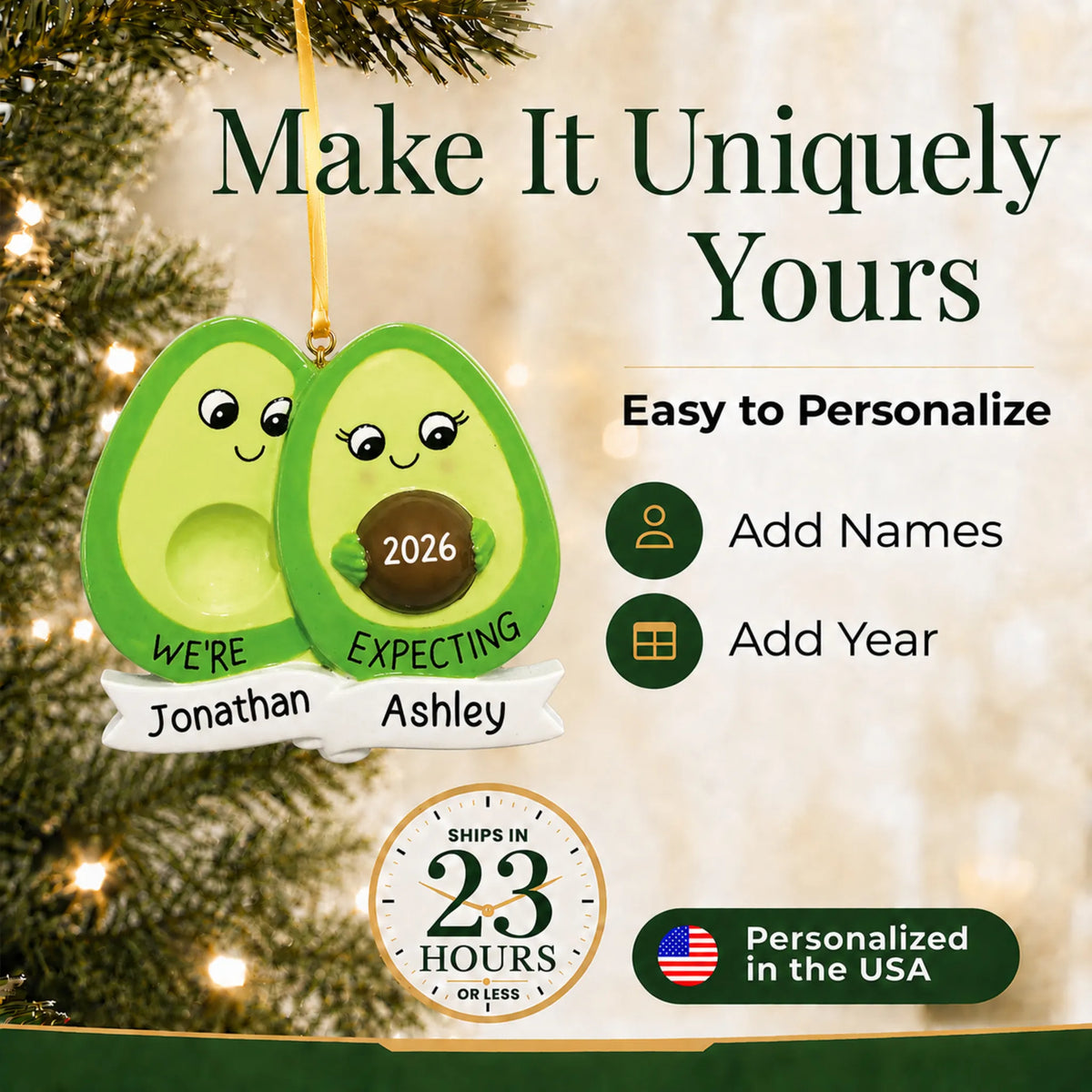 Make it yours: personalize the Avocado Expecting Couple christmas ornament