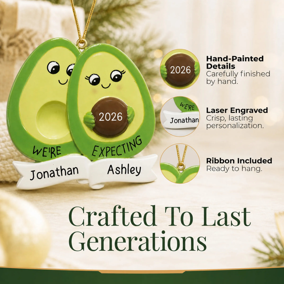 Hand-painted details and laser engraved personalization on the Avocado Expecting Couple christmas ornament, ribbon included