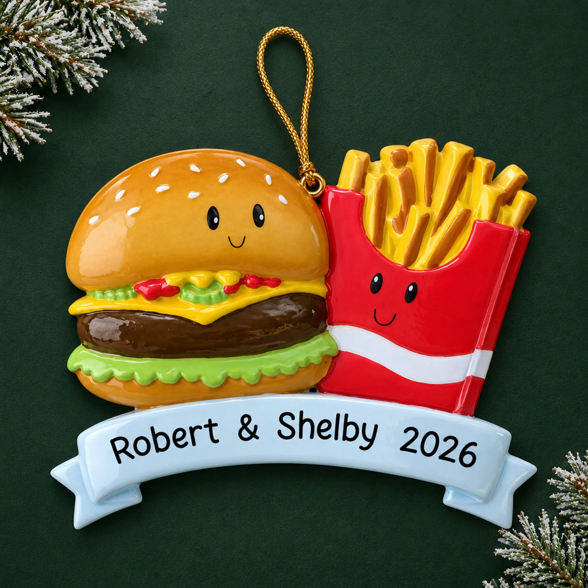 Personalized Burger & Fries Couple christmas ornament on a dark green pine background
