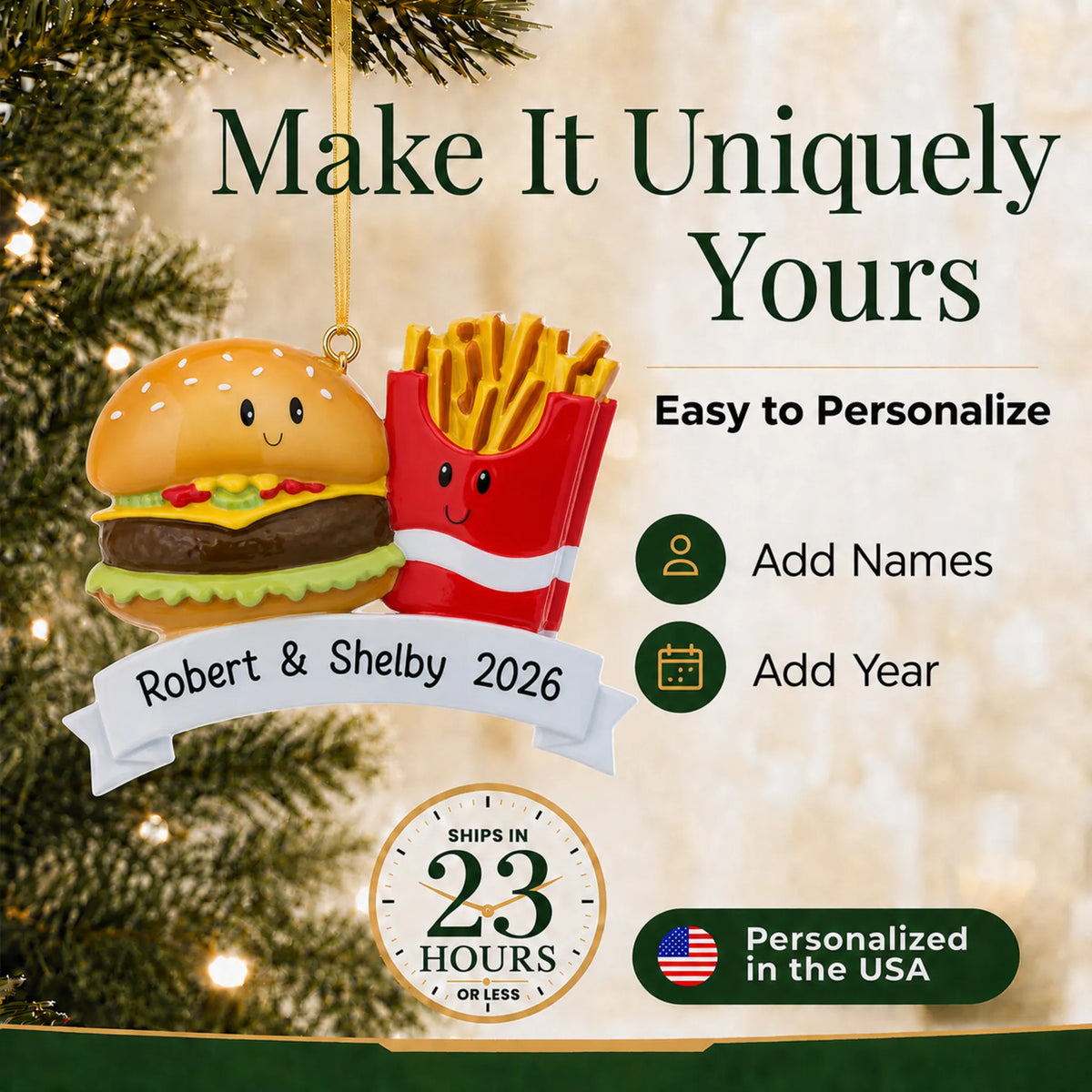 Make it yours: personalize the Burger & Fries Couple christmas ornament