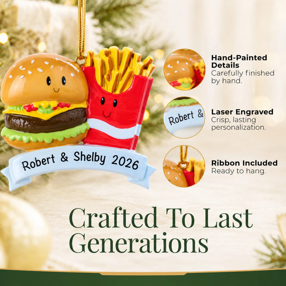 Hand-painted details and laser engraved personalization on the Burger & Fries Couple christmas ornament, ribbon included