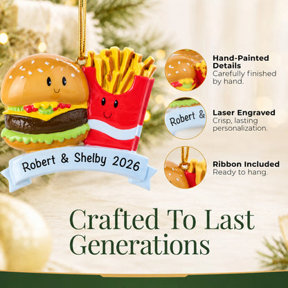 Hand-painted details and laser engraved personalization on the Burger & Fries Couple christmas ornament, ribbon included