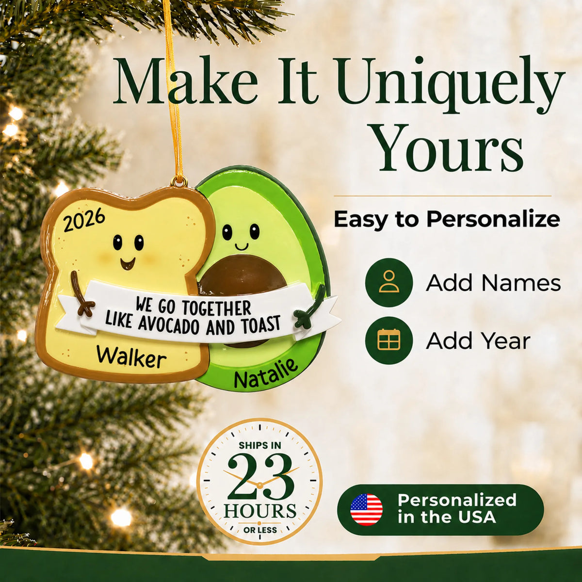 Make it yours: personalize the Avocado & Toast christmas ornament