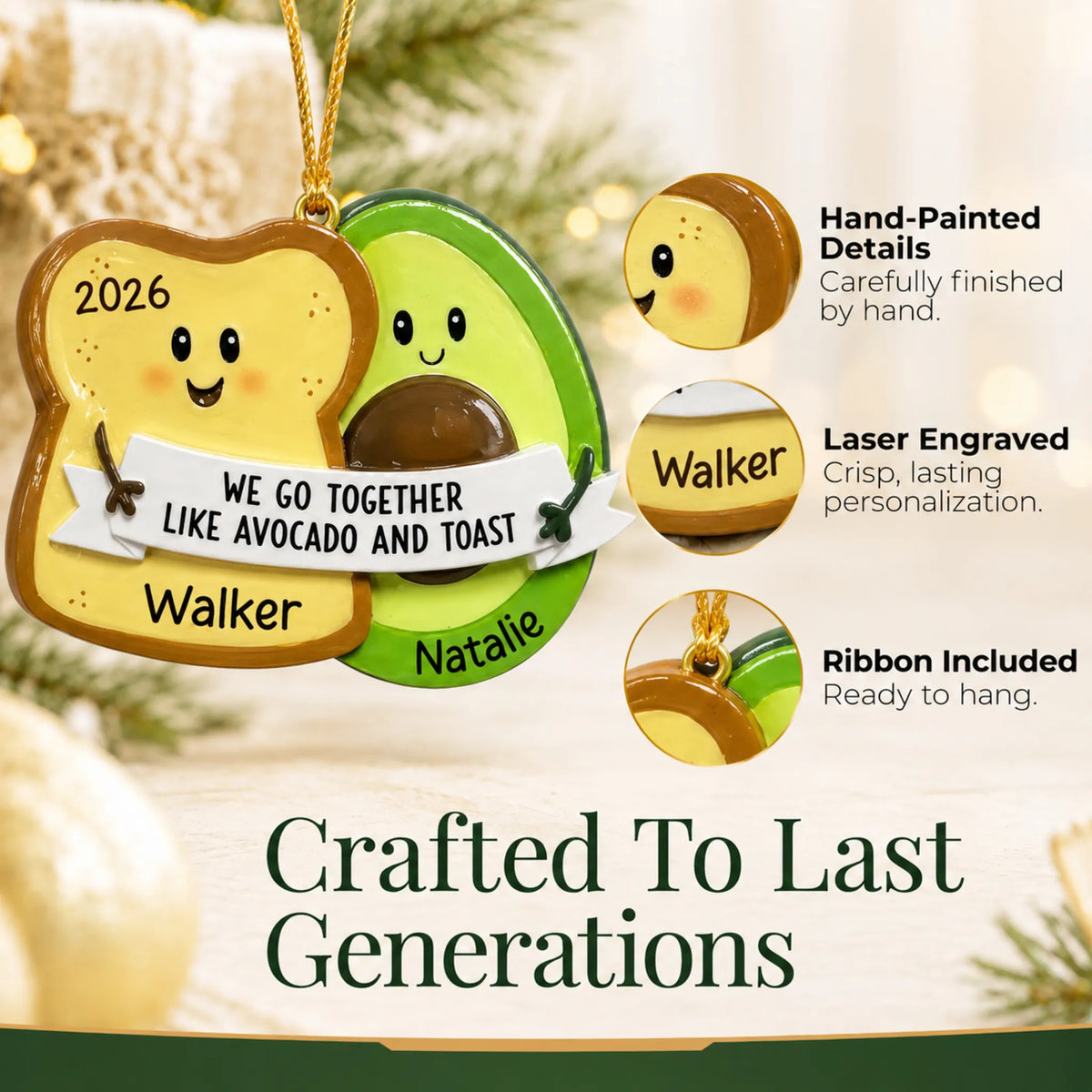 Hand-painted details and laser engraved personalization on the Avocado & Toast christmas ornament, ribbon included