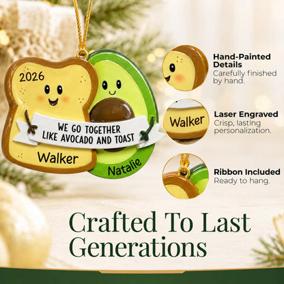Hand-painted details and laser engraved personalization on the Avocado & Toast christmas ornament, ribbon included