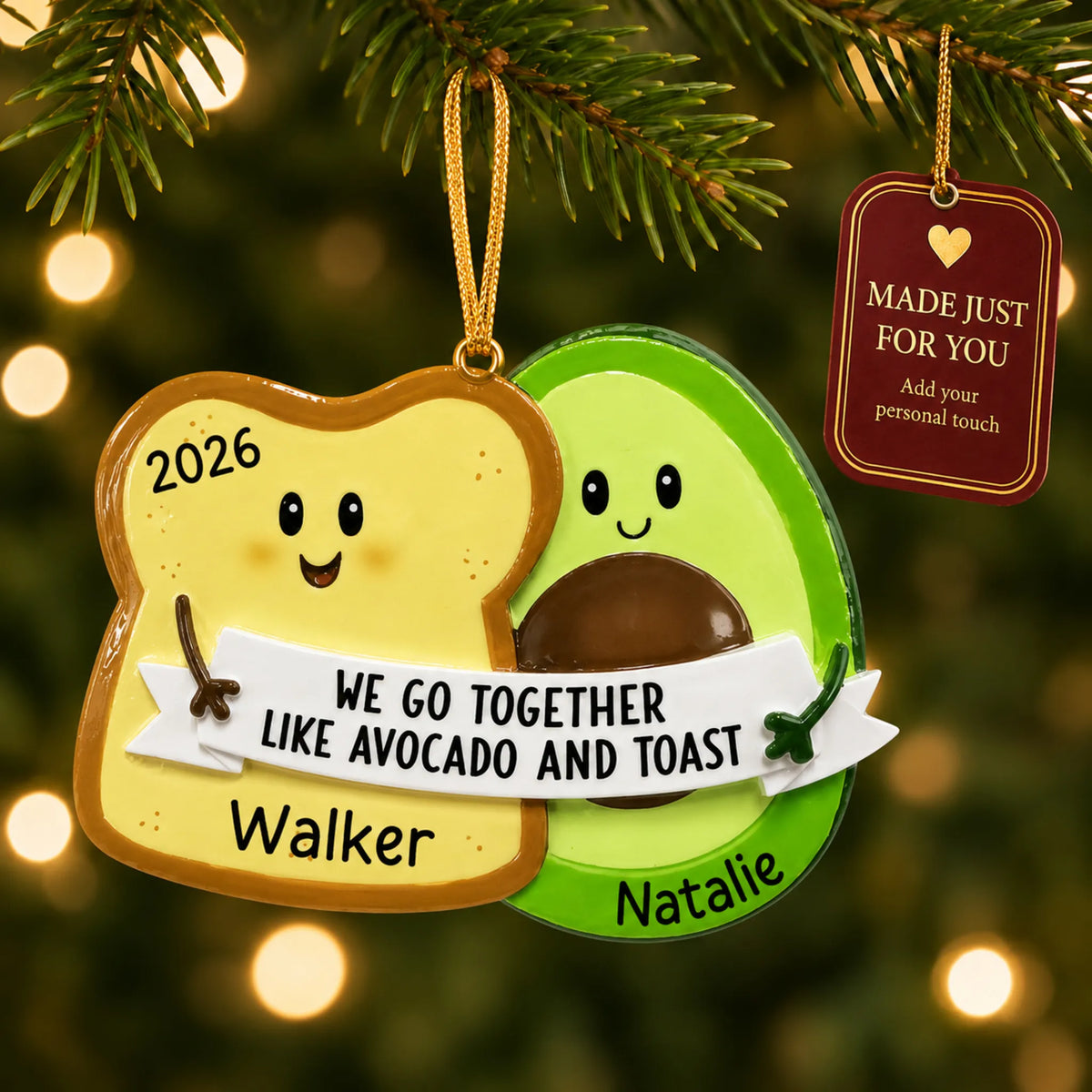 Avocado & Toast christmas ornament hanging on a lit Christmas tree with a Made Just For You gift tag