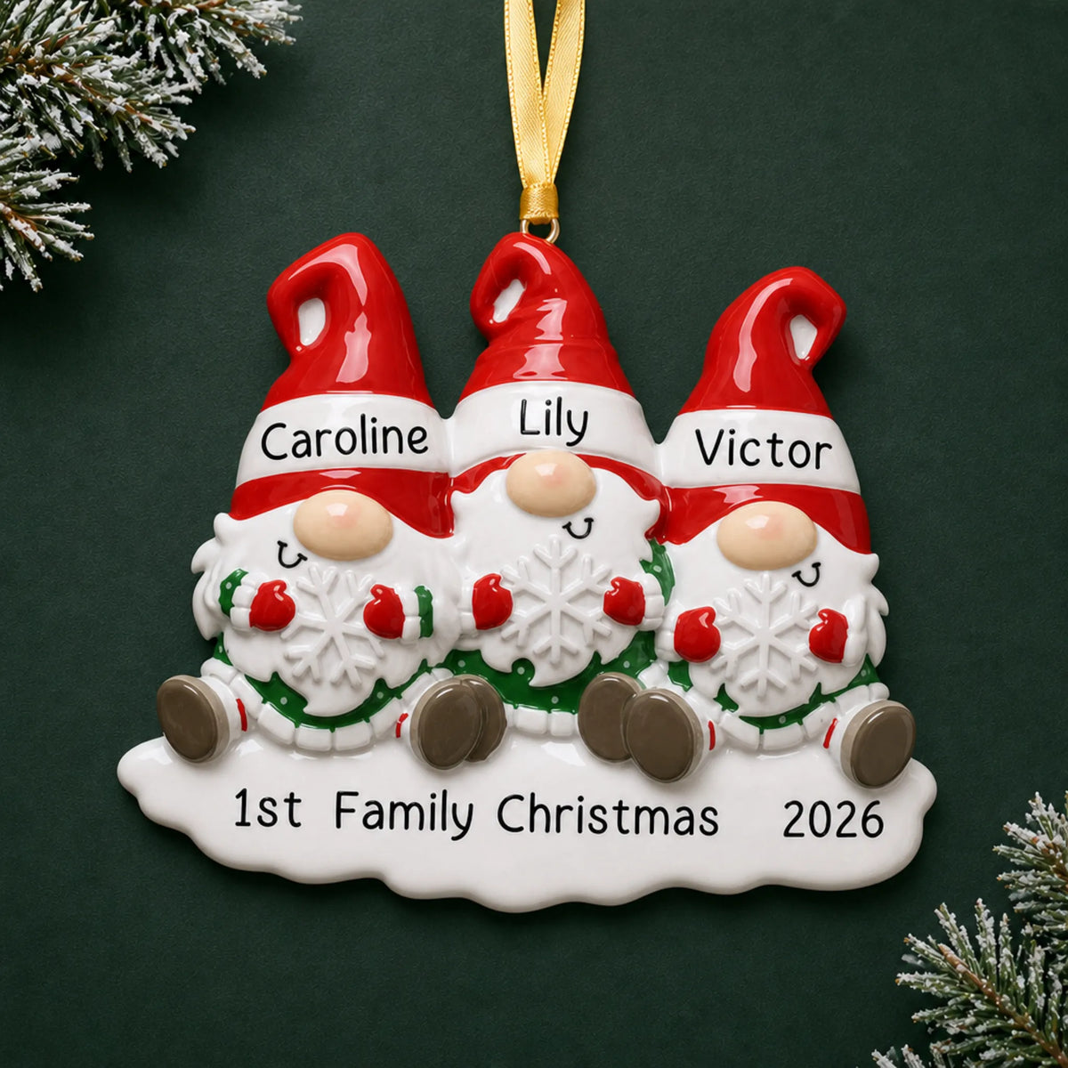 Personalized gnome family of 3 christmas ornament on a dark green pine background