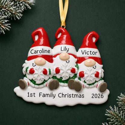 Personalized gnome family of 3 christmas ornament on a dark green pine background