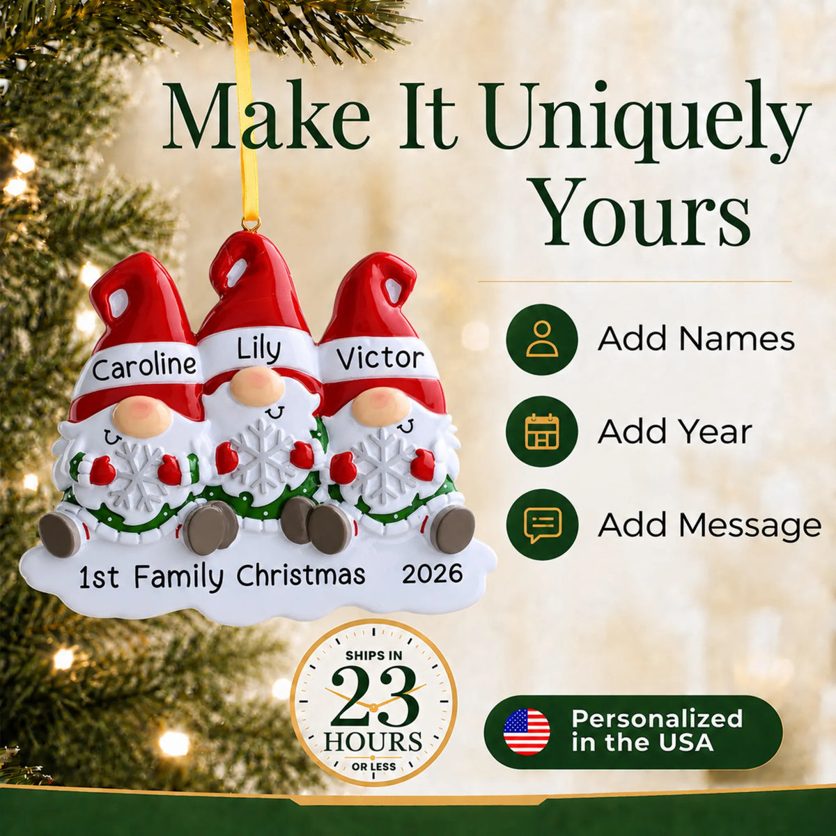 Make it yours: add names and year to the personalized gnome family of 3 christmas ornament