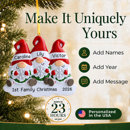 Make it yours: add names and year to the personalized gnome family of 3 christmas ornament