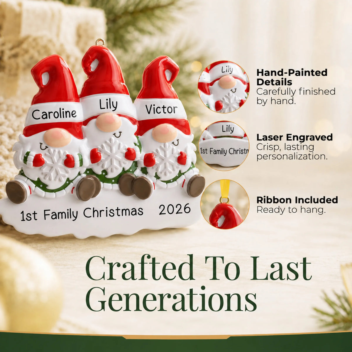 Hand-painted details and laser engraved personalization on the gnome family of 3 christmas ornament, ribbon included