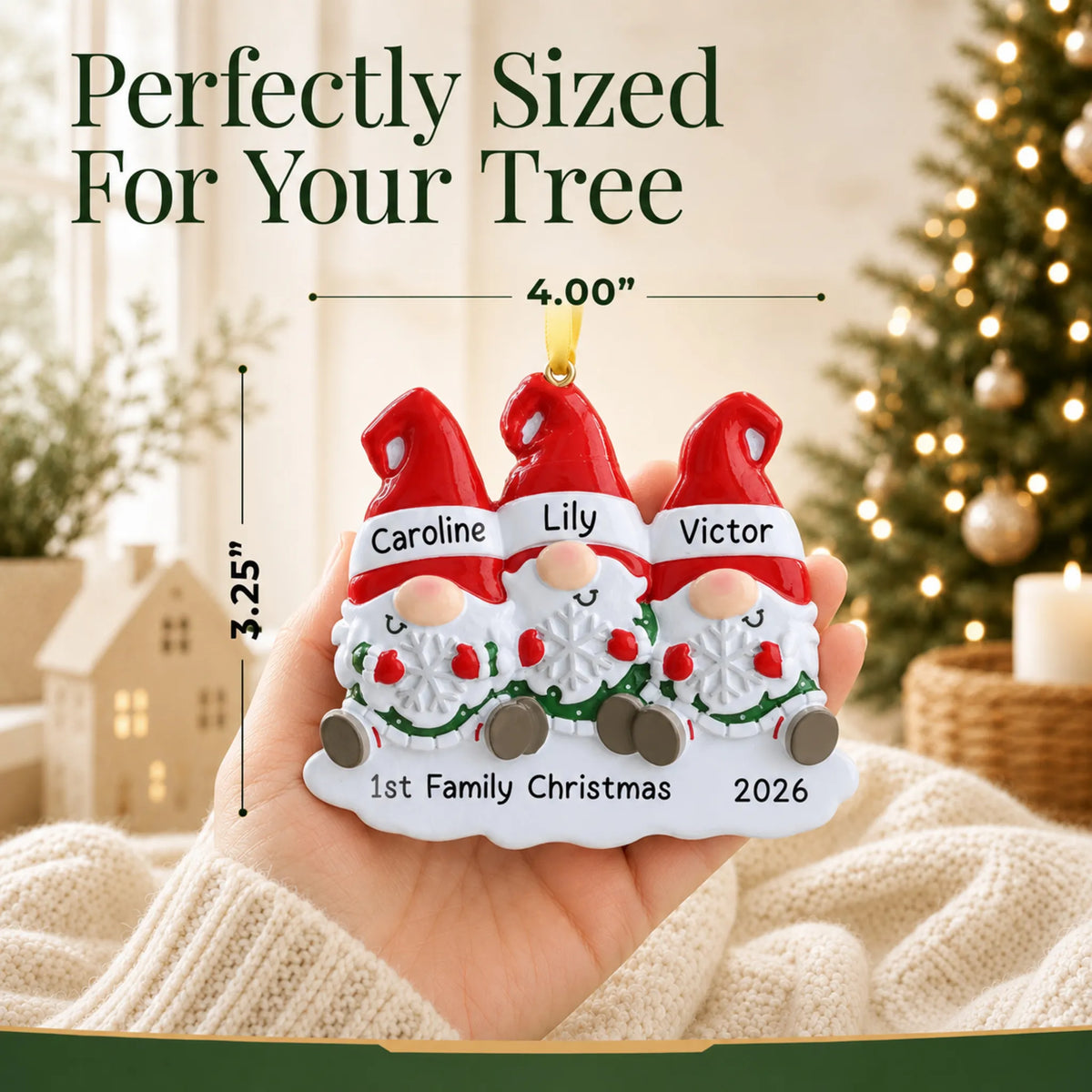 Size guide: the personalized gnome family of 3 christmas ornament is 4.00 in wide by 3.25 in tall, shown in hand
