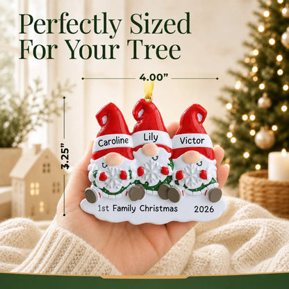 Size guide: the personalized gnome family of 3 christmas ornament is 4.00 in wide by 3.25 in tall, shown in hand
