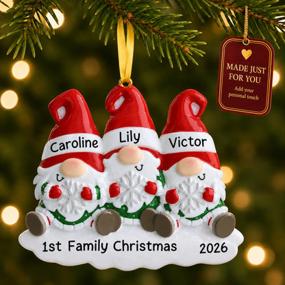 Gnome family of 3 christmas ornament hanging on a lit Christmas tree with a Made Just For You gift tag