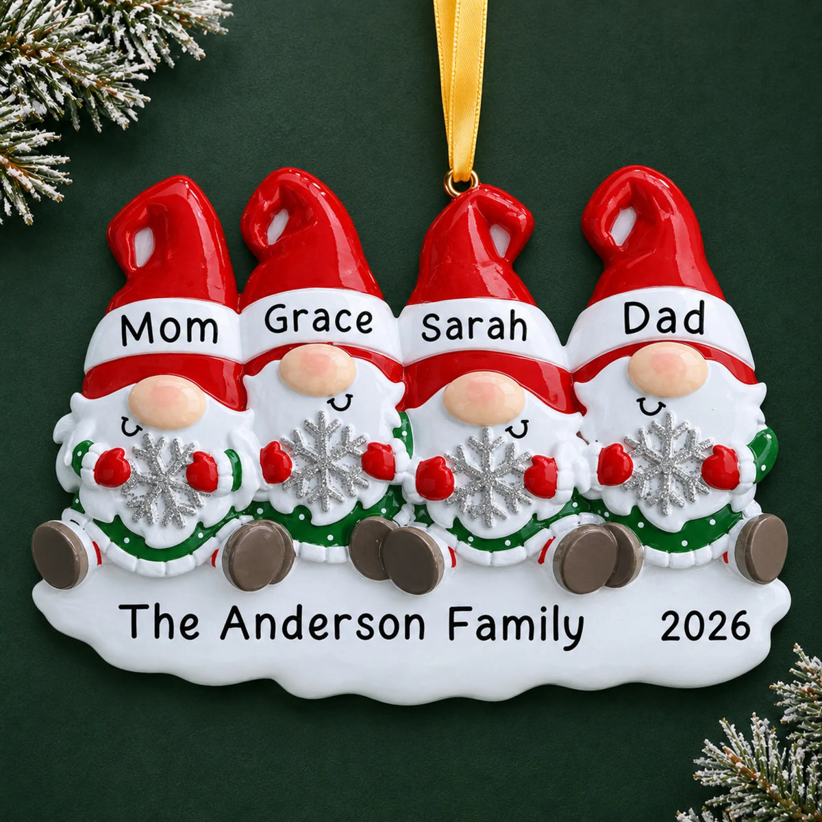 Personalized gnome family of 4 christmas ornament on a dark green pine background