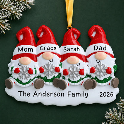 Personalized gnome family of 4 christmas ornament on a dark green pine background