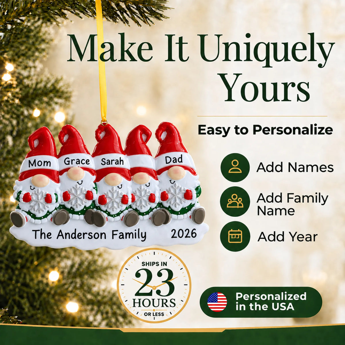Make it yours: add names and year to the personalized gnome family of 4 christmas ornament