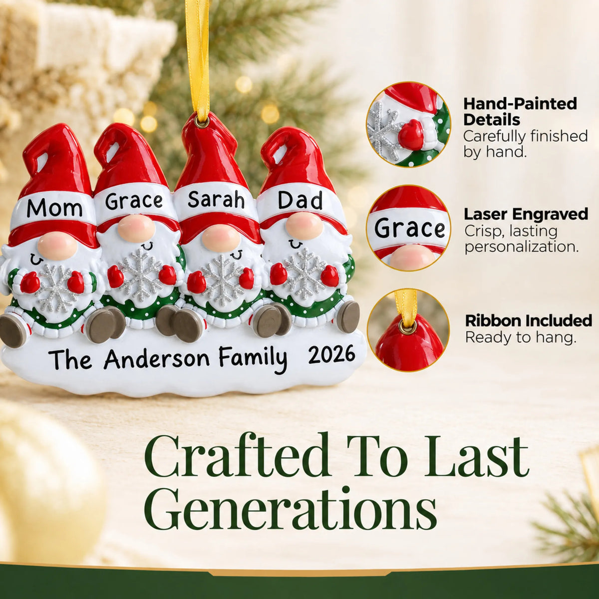 Hand-painted details and laser engraved personalization on the gnome family of 4 christmas ornament, ribbon included