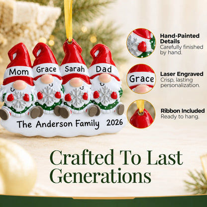 Hand-painted details and laser engraved personalization on the gnome family of 4 christmas ornament, ribbon included