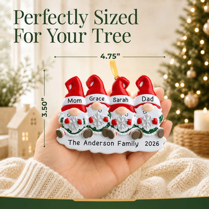 Size guide: the personalized gnome family of 4 christmas ornament is 4.75 in wide by 3.50 in tall, shown in hand