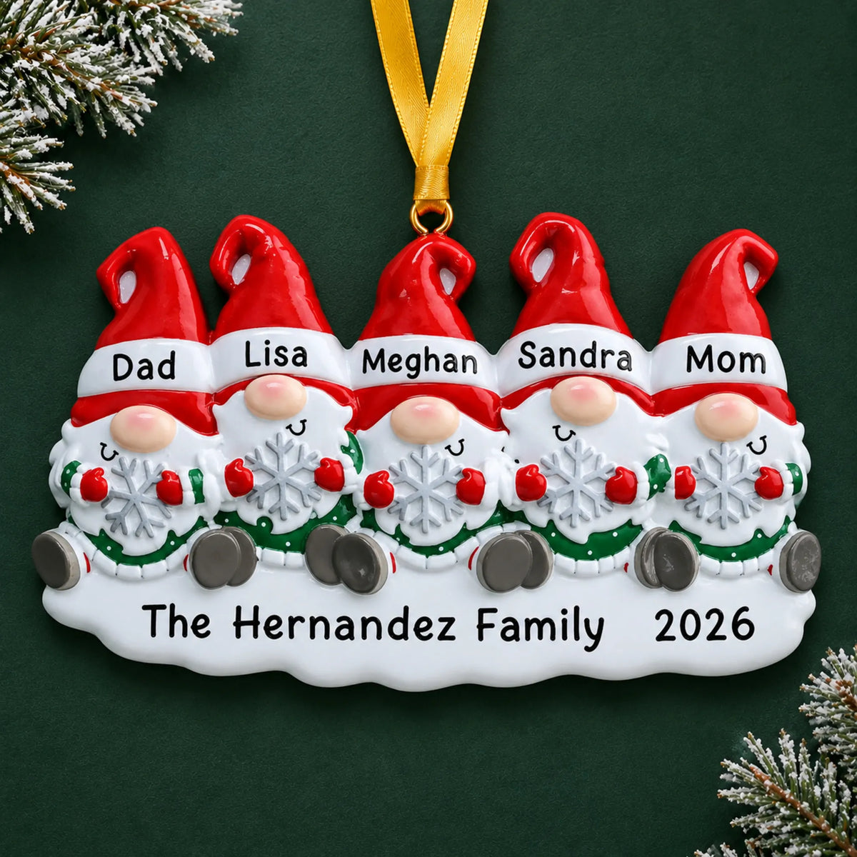 Personalized gnome family of 5 christmas ornament on a dark green pine background