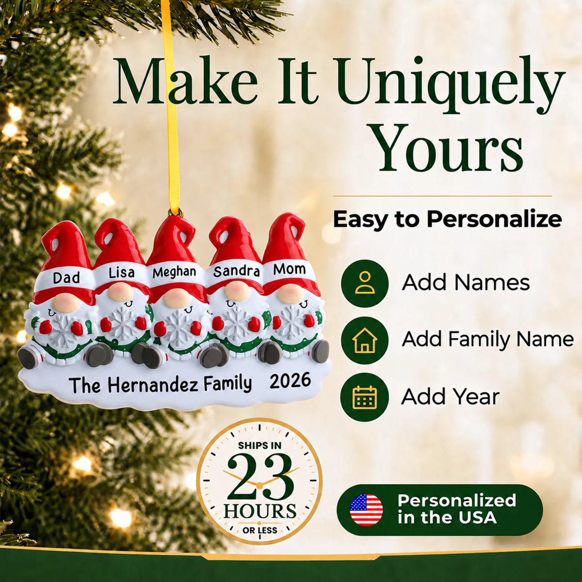 Make it yours: add names and year to the personalized gnome family of 5 christmas ornament