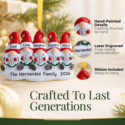 Hand-painted details and laser engraved personalization on the gnome family of 5 christmas ornament, ribbon included