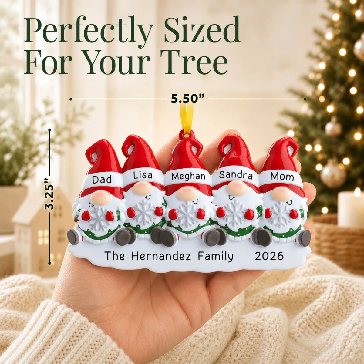 Size guide: the personalized gnome family of 5 christmas ornament is 5.50 in wide by 3.25 in tall, shown in hand