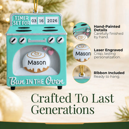 Hand-painted details and laser engraved personalization on the Bun In The Oven christmas ornament, ribbon included