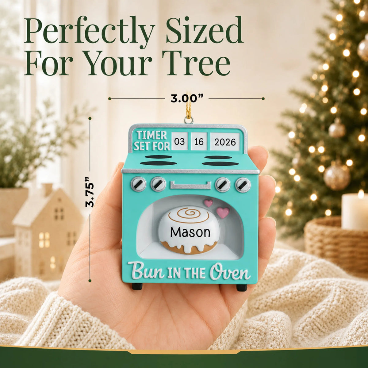 Size guide: the personalized Bun In The Oven christmas ornament is 3.00 in wide by 3.75 in tall, shown in hand