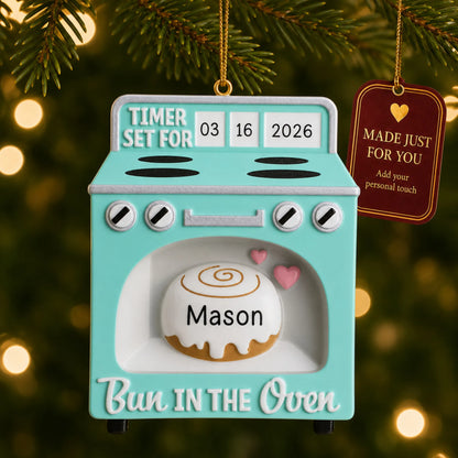 Bun In The Oven christmas ornament hanging on a lit Christmas tree with a Made Just For You gift tag