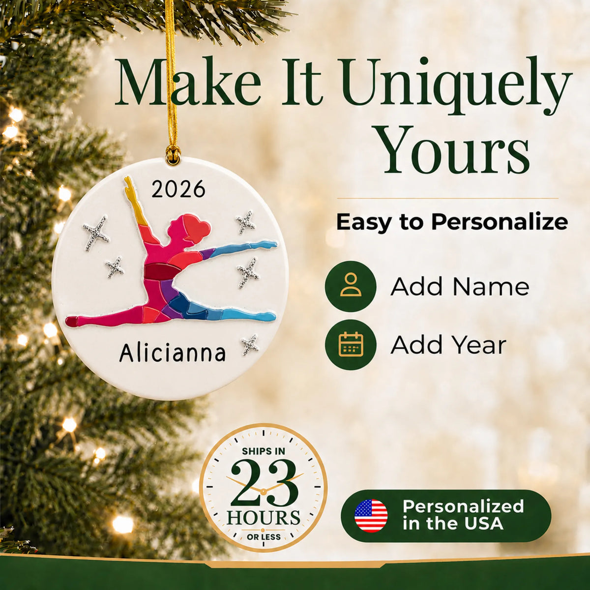 Make it yours: add name and year to the personalized dance pose christmas ornament