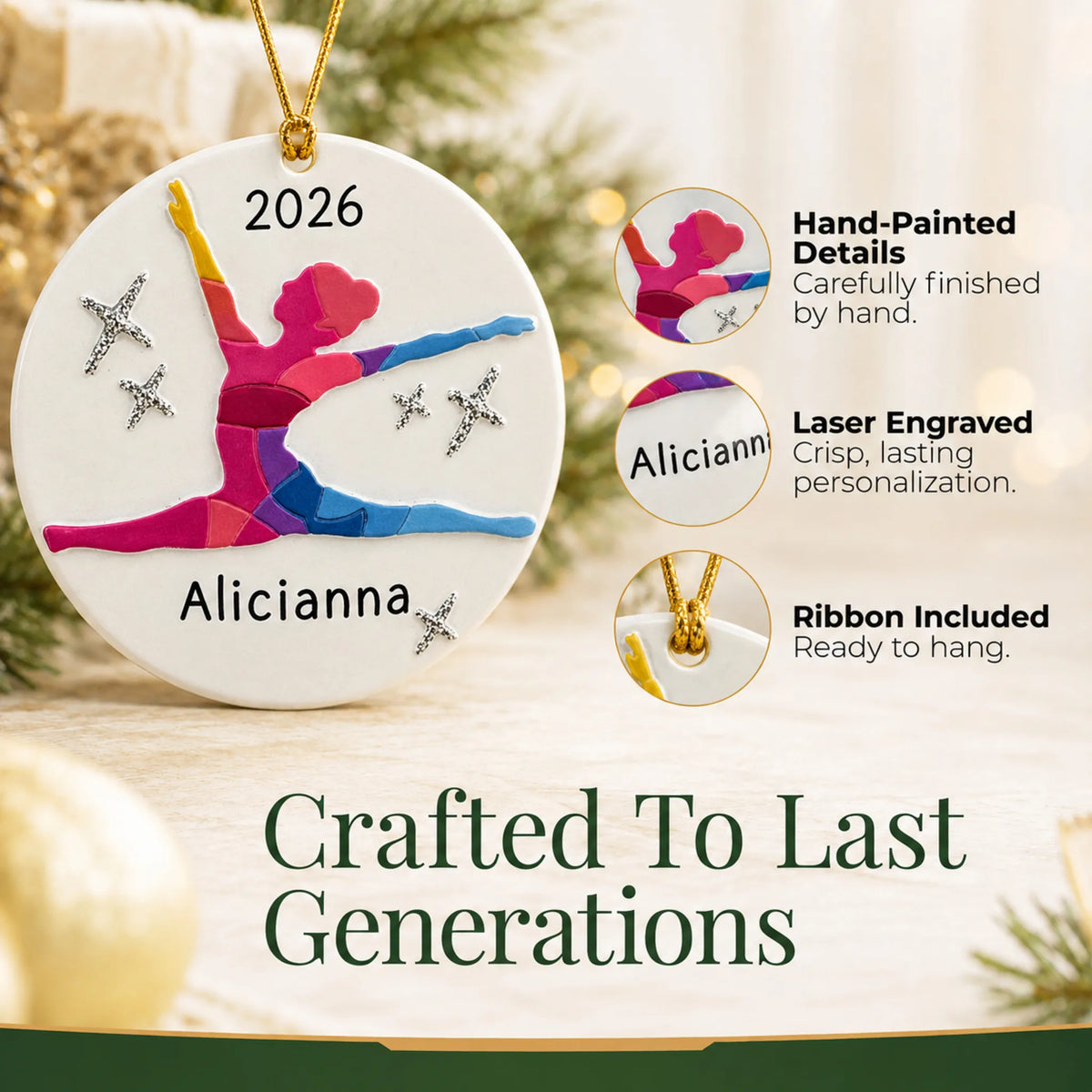 Hand-painted details and laser engraved personalization on the dance pose christmas ornament, ribbon included