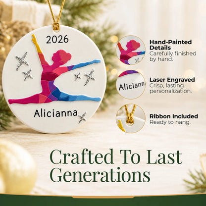 Hand-painted details and laser engraved personalization on the dance pose christmas ornament, ribbon included