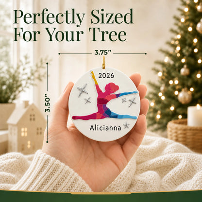 Size guide: the personalized dance pose christmas ornament is 3.75 in wide by 3.50 in tall, shown in hand