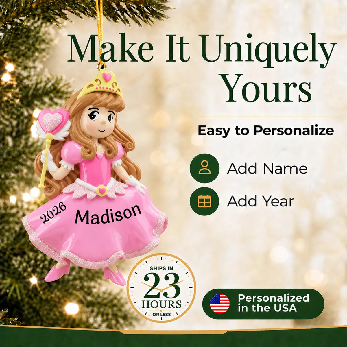 Make it yours: add name and year to the personalized pink princess christmas ornament