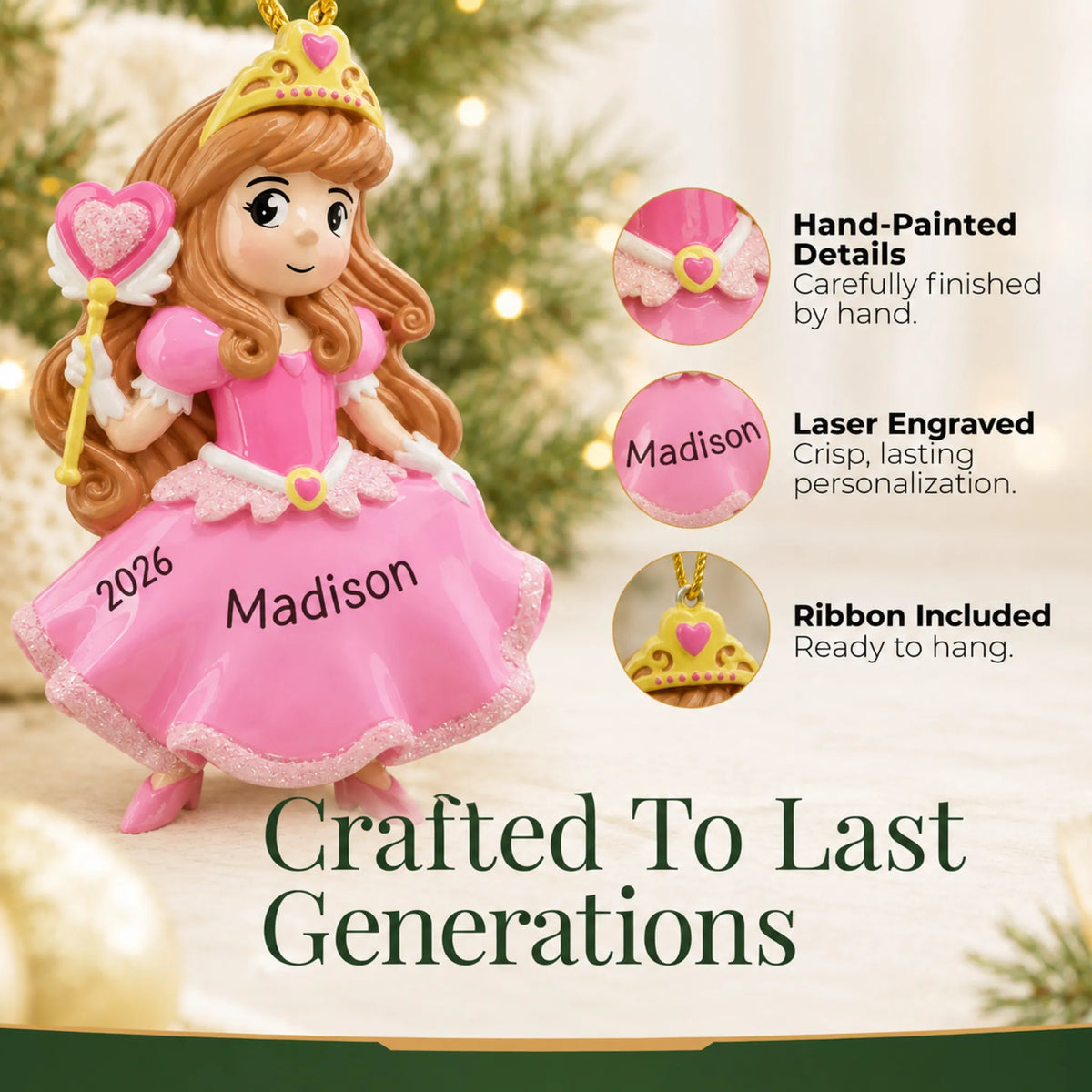 Hand-painted details and laser engraved personalization on the pink princess christmas ornament, ribbon included