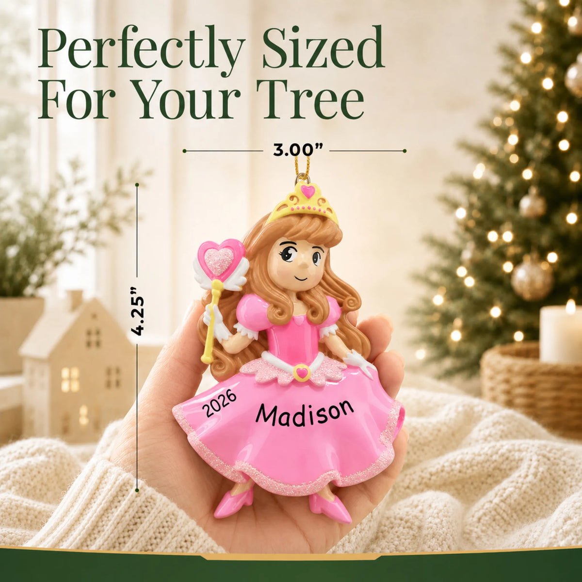 Size guide: the personalized pink princess christmas ornament is 3.00 in wide by 4.25 in tall, shown in hand